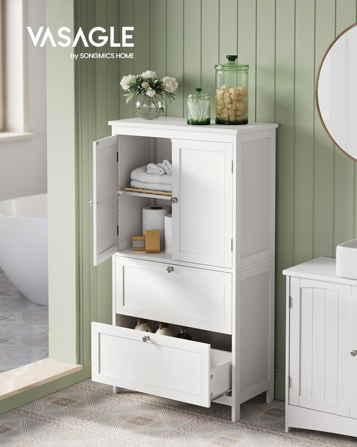 Bathroom Floor Storage Cabinet, Bathroom Storage Unit, Freestanding Bathroom Cabinet with 2 Drawers and 2 Doors, Adjustable Shelf, 11.8 x 23.6 x 43.3 inches, White