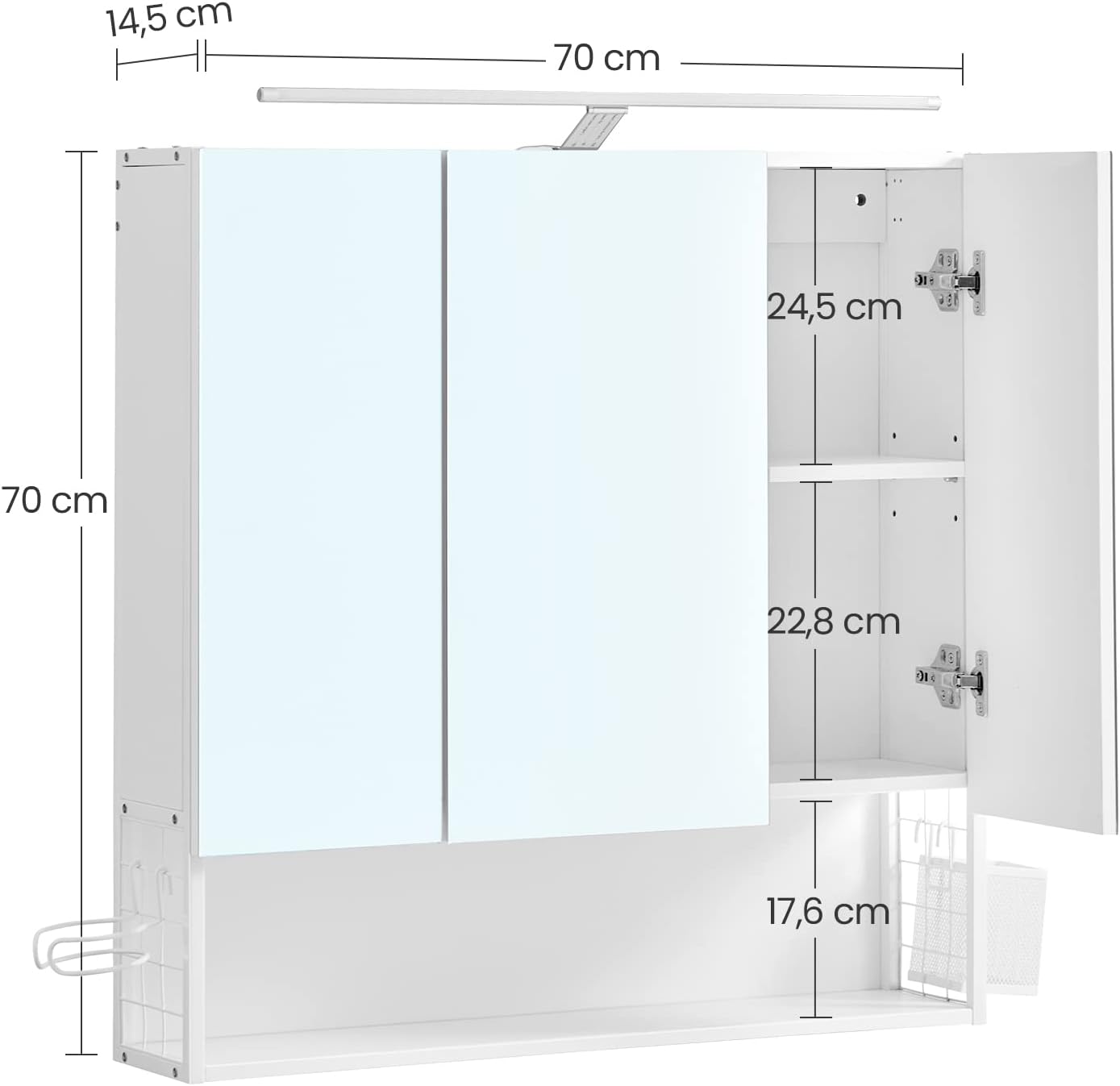 Wall Cabinet with Mirror, Bathroom Cabinet with LED Lamp, with Cable, 3 Door Cupboard, Adjustable Shelf, Hairdryer Holder, Pot, Modern Chic, White