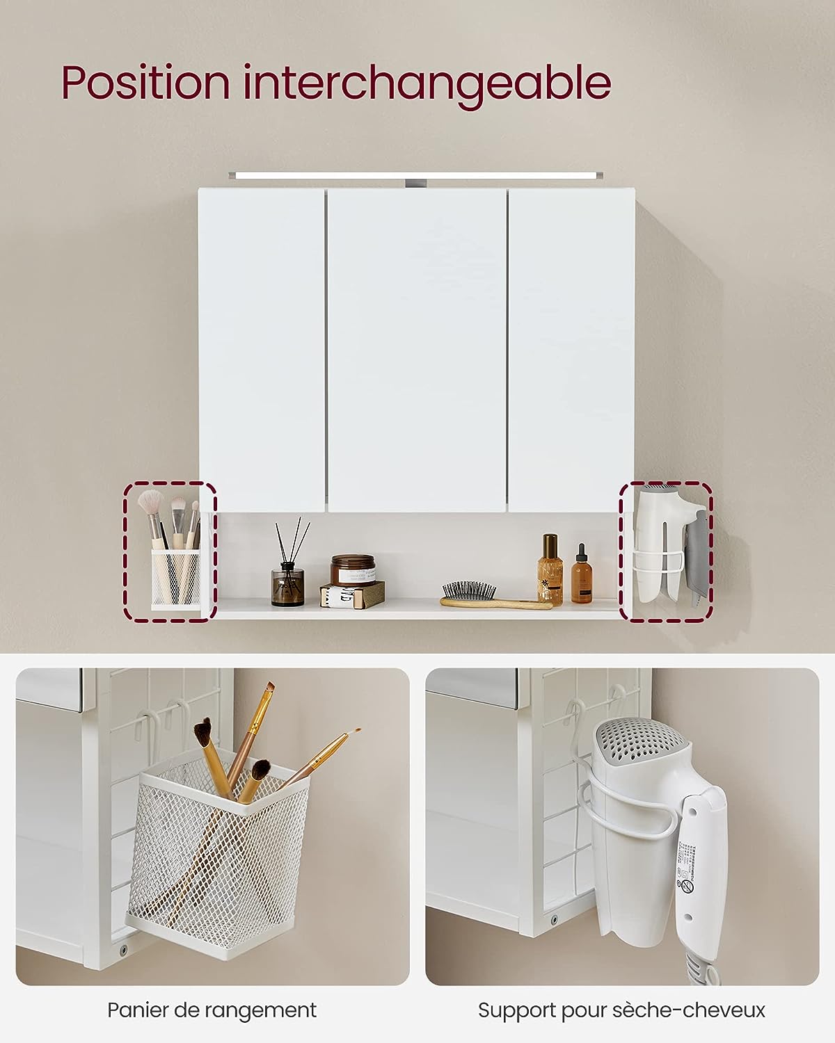 Wall Cabinet with Mirror, Bathroom Cabinet with LED Lamp, with Cable, 3 Door Cupboard, Adjustable Shelf, Hairdryer Holder, Pot, Modern Chic, White