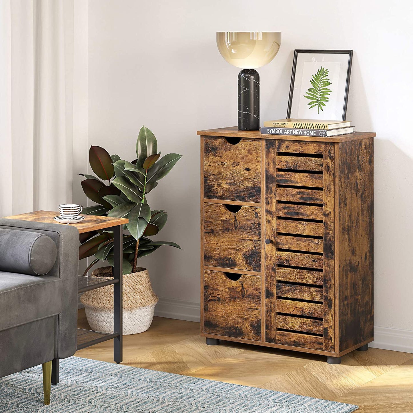 Bathroom Floor Cabinet, Wooden Storage Unit with 3 Drawers, Single Door with 2 Adjustable Shelves, for Living Room, Kitchen, Entryway, Rustic Brown