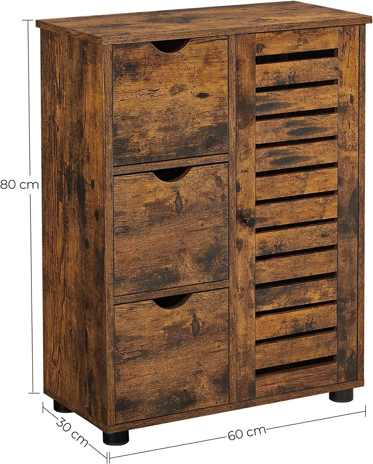 Bathroom Floor Cabinet, Wooden Storage Unit with 3 Drawers, Single Door with 2 Adjustable Shelves, for Living Room, Kitchen, Entryway, Rustic Brown