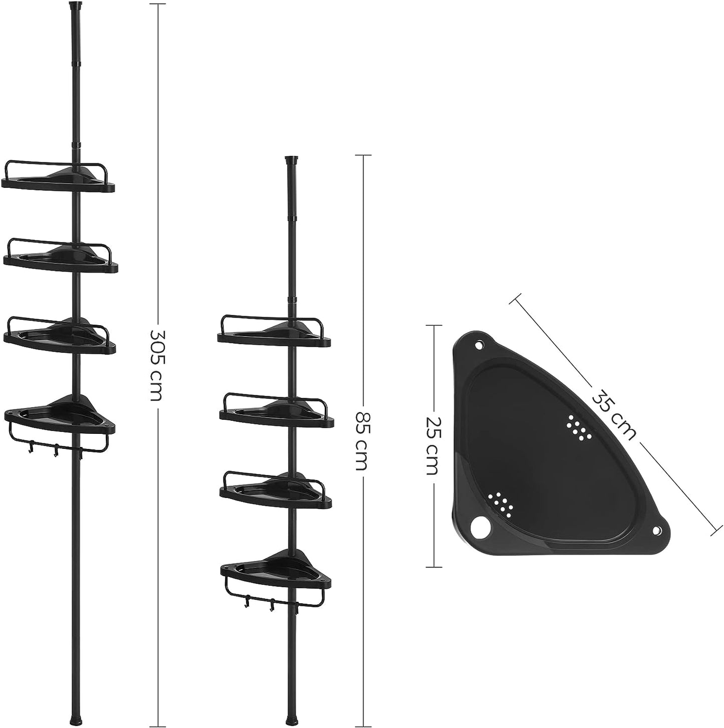 Adjustable Bathroom Corner Shelf, Telescopic Shower Caddy, 85-305 cm, Floor to Ceiling, with 4 Trays, 3 Hooks, Black