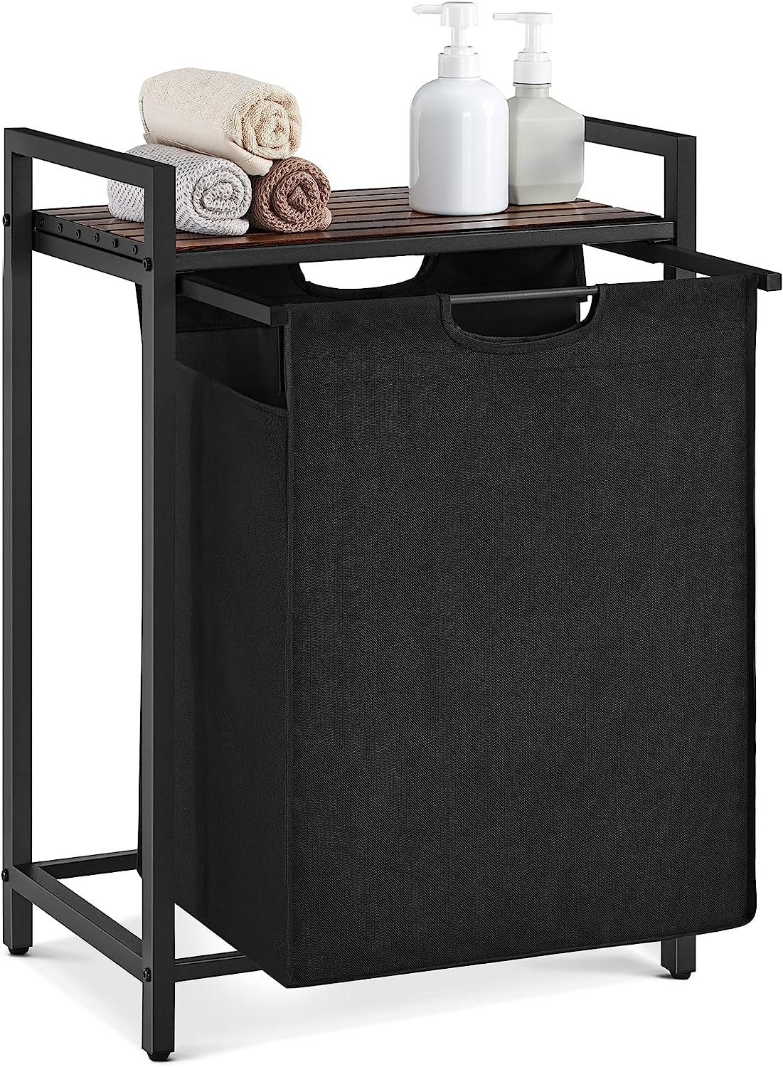 Laundry Basket, Laundry Hamper, Pull-Out and Removable Laundry Bag, Shelf, Metal Frame, 65L, 50 x 33 x 72 cm, Rustic Brown and Black