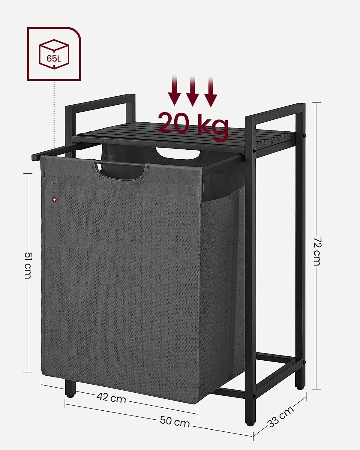 Laundry Basket, Laundry Hamper, Pull-Out and Removable Laundry Bag, Shelf, Metal Frame, 65L, 50 x 33 x 72 cm, Black and Grey