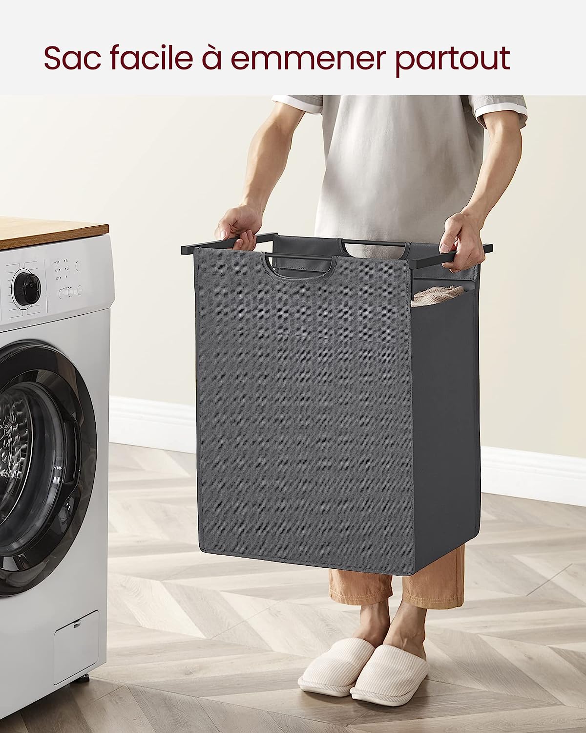 Laundry Basket, Laundry Hamper, Pull-Out and Removable Laundry Bag, Shelf, Metal Frame, 65L, 50 x 33 x 72 cm, Black and Grey