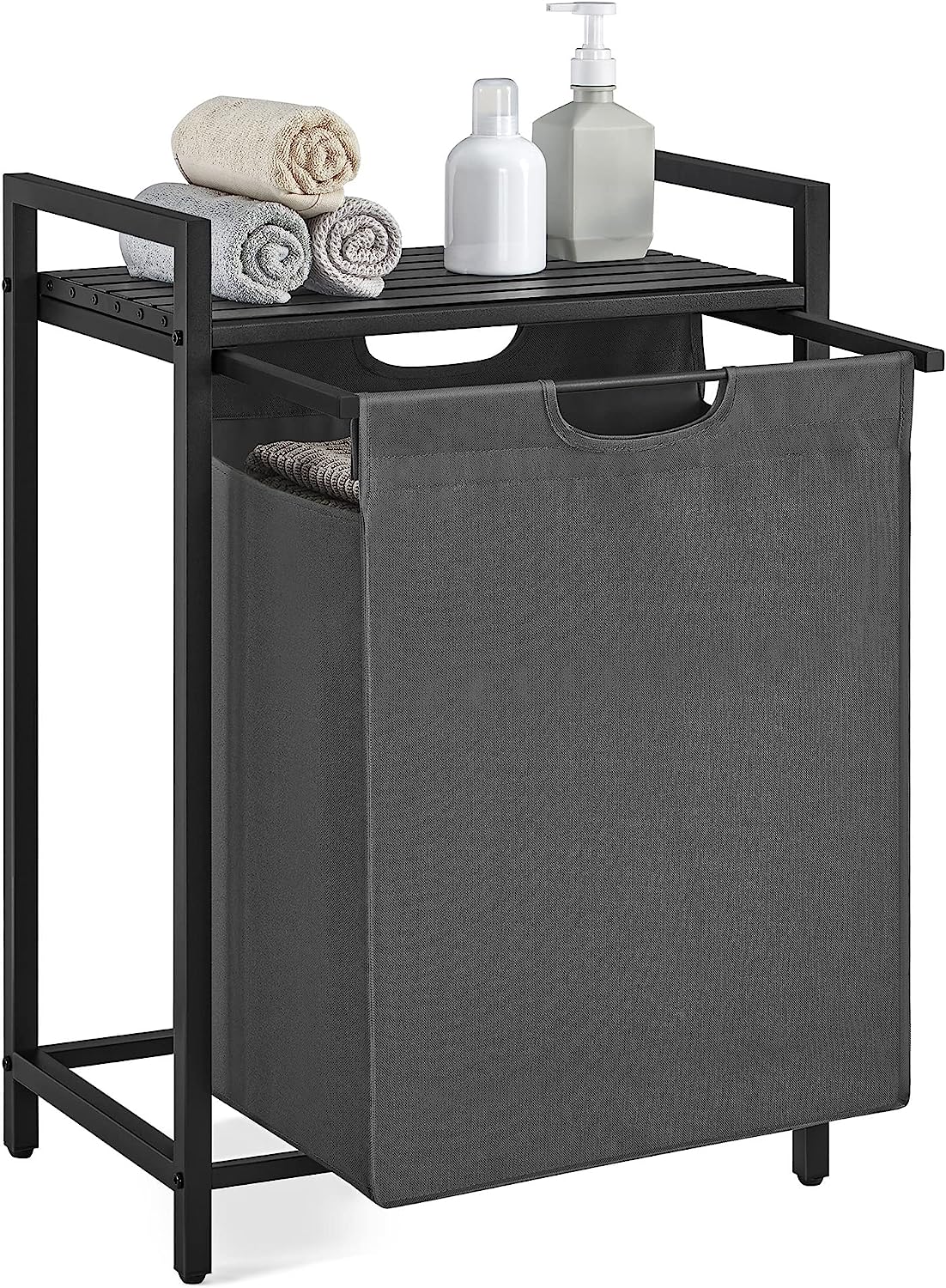 Laundry Basket, Laundry Hamper, Pull-Out and Removable Laundry Bag, Shelf, Metal Frame, 65L, 50 x 33 x 72 cm, Black and Grey