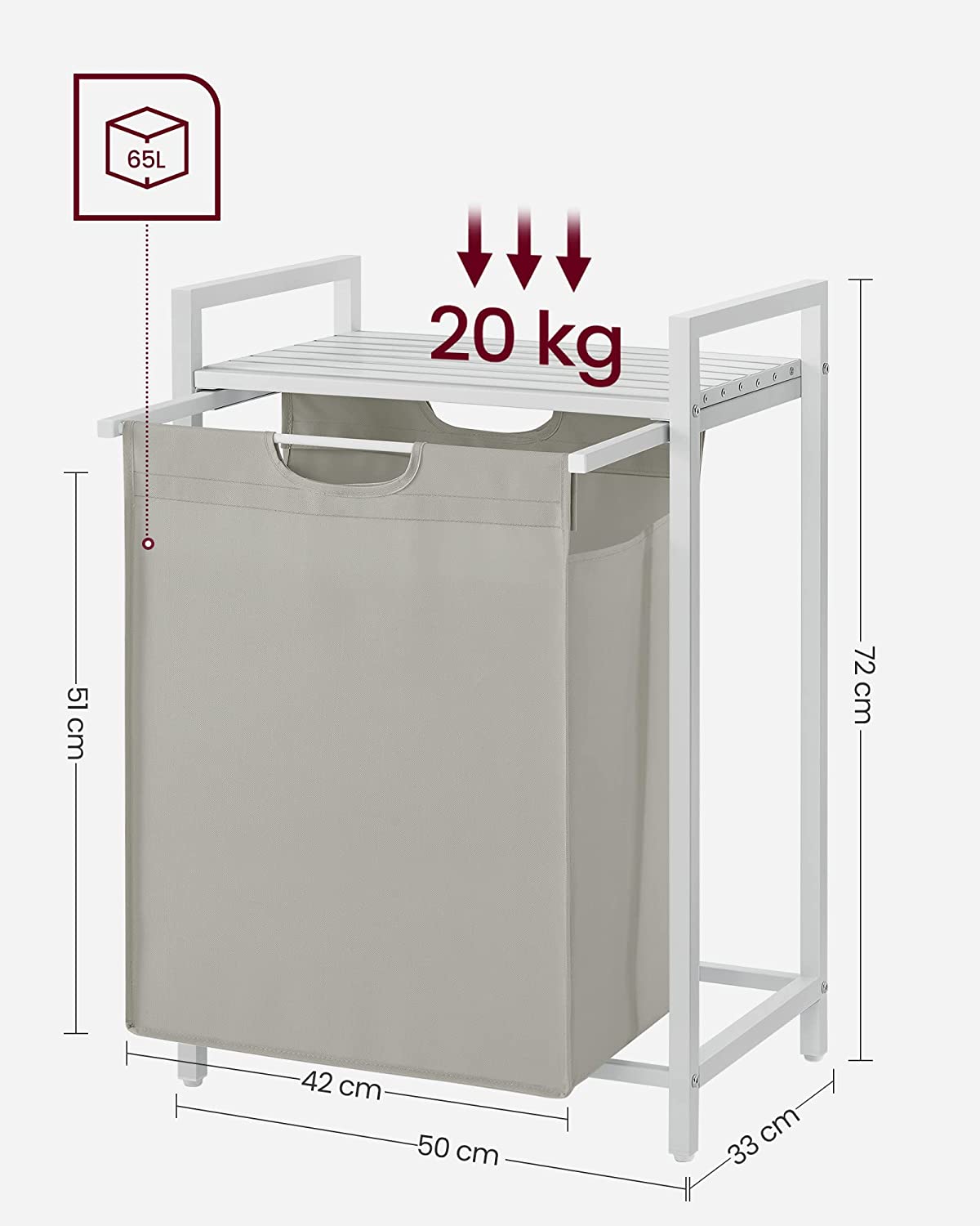 Laundry Basket, Laundry Hamper, Pull-Out and Removable Laundry Bag, Shelf, Metal Frame, 65L, 50 x 33 x 72 cm, White