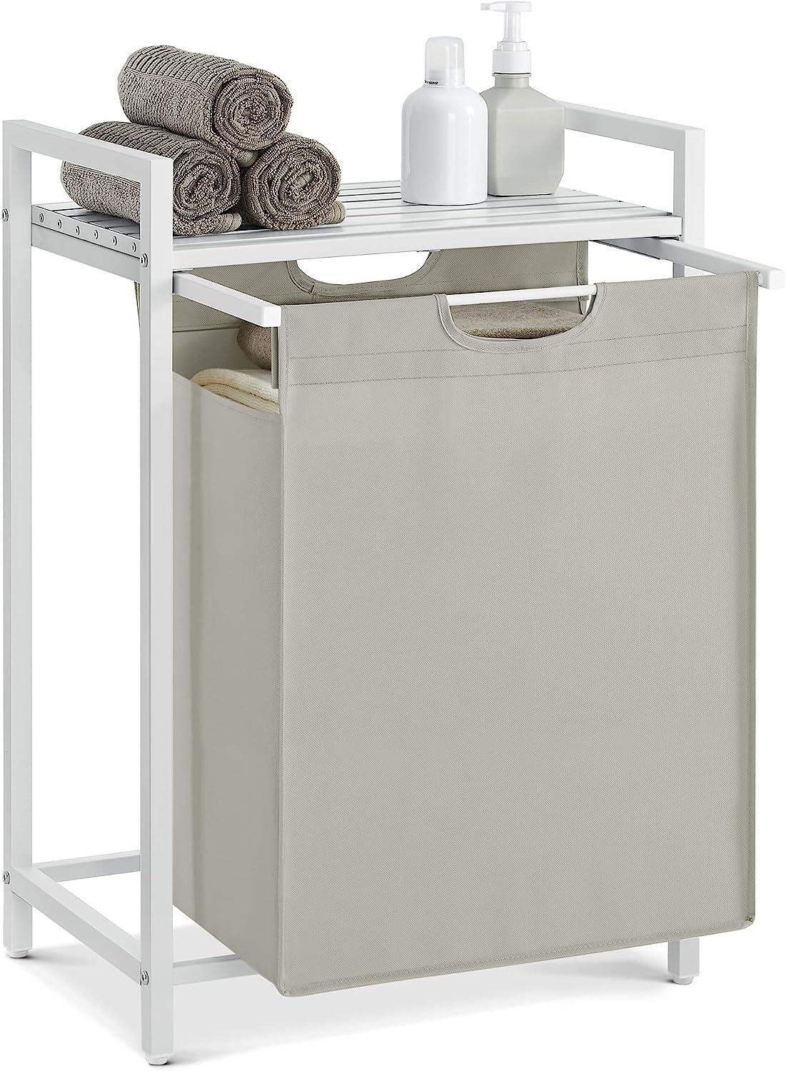 Laundry Basket, Laundry Hamper, Pull-Out and Removable Laundry Bag, Shelf, Metal Frame, 65L, 50 x 33 x 72 cm, White