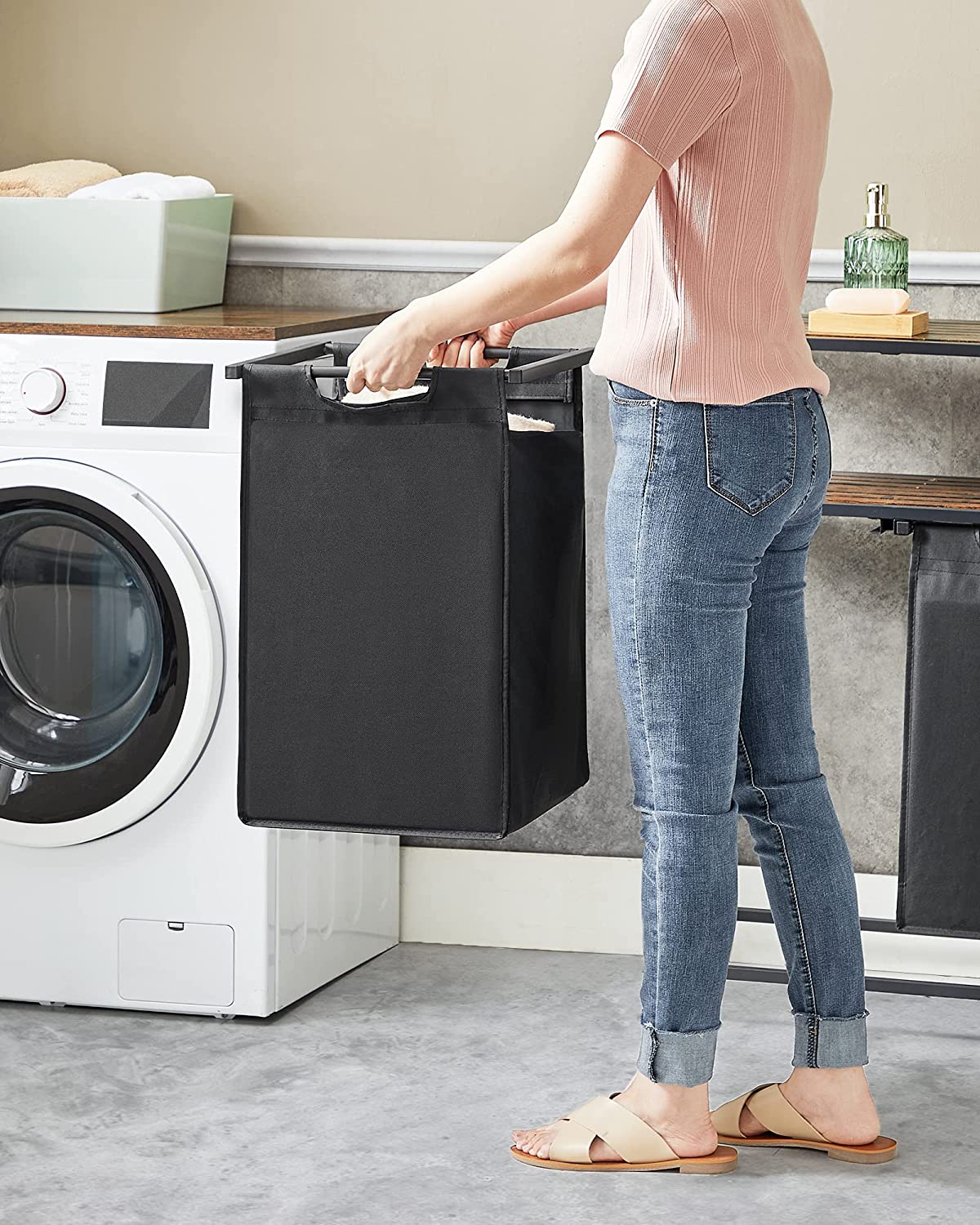 Laundry Hamper, Laundry Hamper, 2 Easy Extendable and Removable Oxford Cloth Laundry Bags, Metal Frame, 2 x 46 L, 73 x 33 x 72 cm, Rustic Brown and Black