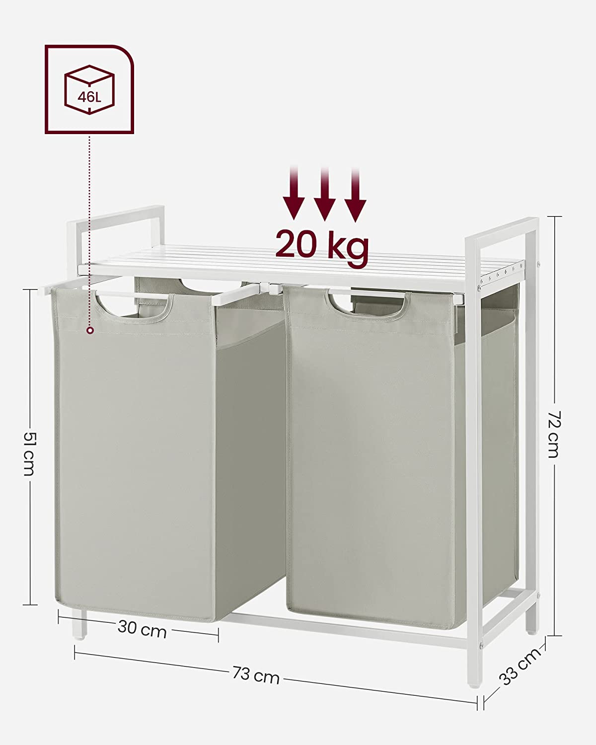 Laundry Basket, 2-Compartment Laundry Hamper, Pull-Out and Removable Laundry Bags, Laundry Sorter, Shelf, Metal Frame, 2 x 46L, 73 x 33 x 72 cm, White