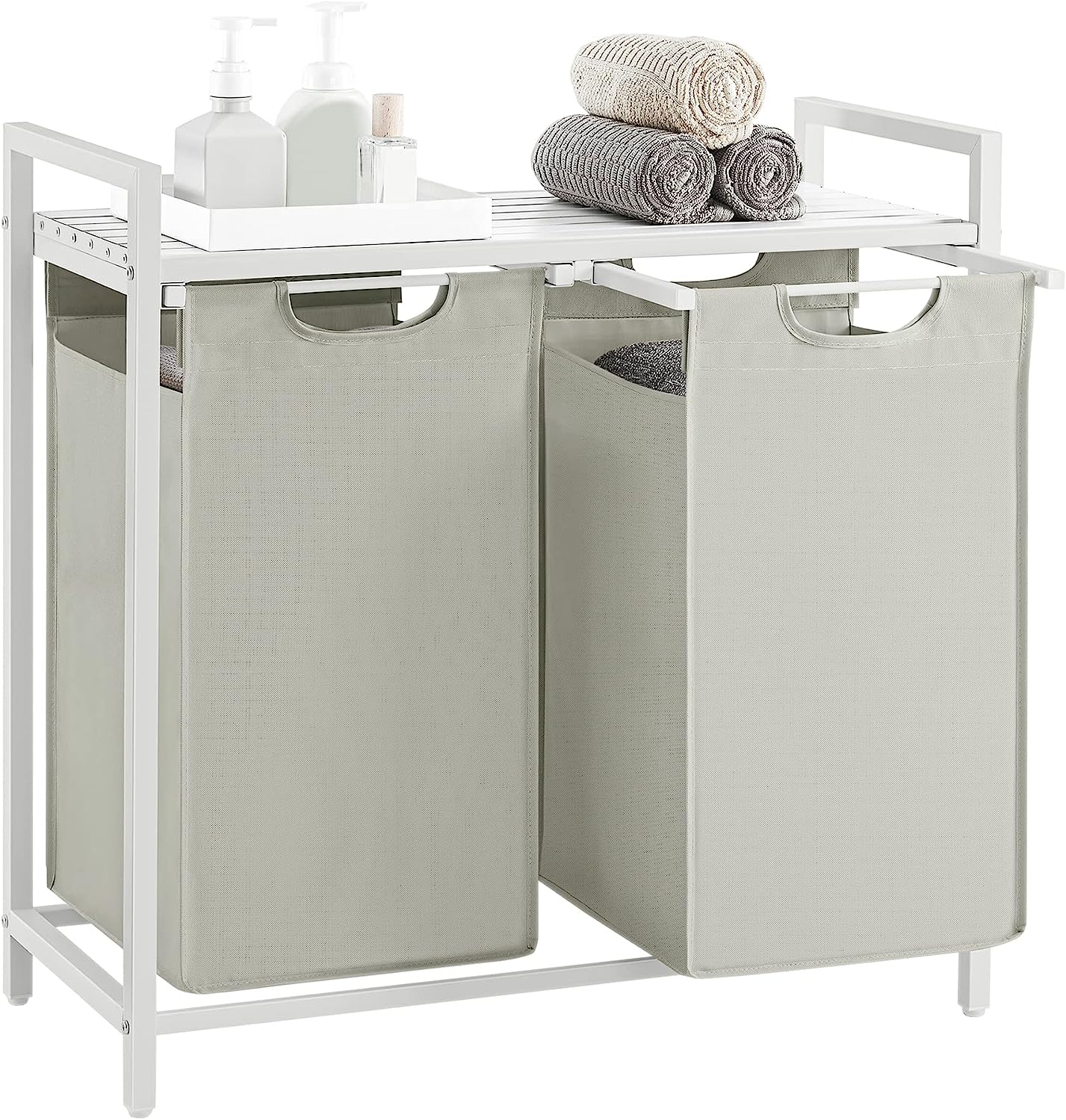 Laundry Basket, 2-Compartment Laundry Hamper, Pull-Out and Removable Laundry Bags, Laundry Sorter, Shelf, Metal Frame, 2 x 46L, 73 x 33 x 72 cm, White