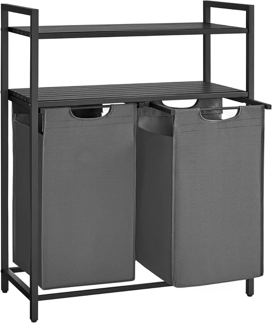 Laundry Basket 2 Compartments, Laundry Hamper with 2 Shelves, Laundry Sorter, Extendable Laundry Bag and Detachable, Per Bag 46 Liters, for Bathroom, Laundry Room, Black-Grey