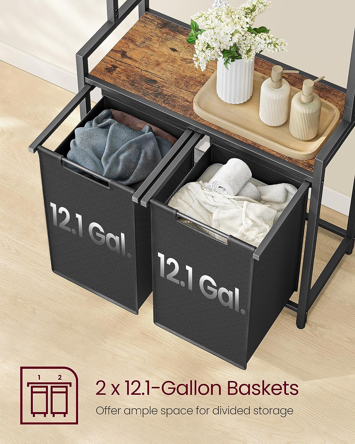 2-Section Laundry Hamper with 2 Shelves, Removable and Removable Liners, Clothes Rail, 2 x 12.1 Gallon, 28.7 x 13 x 69.7 Inches, Rustic Brown and Black