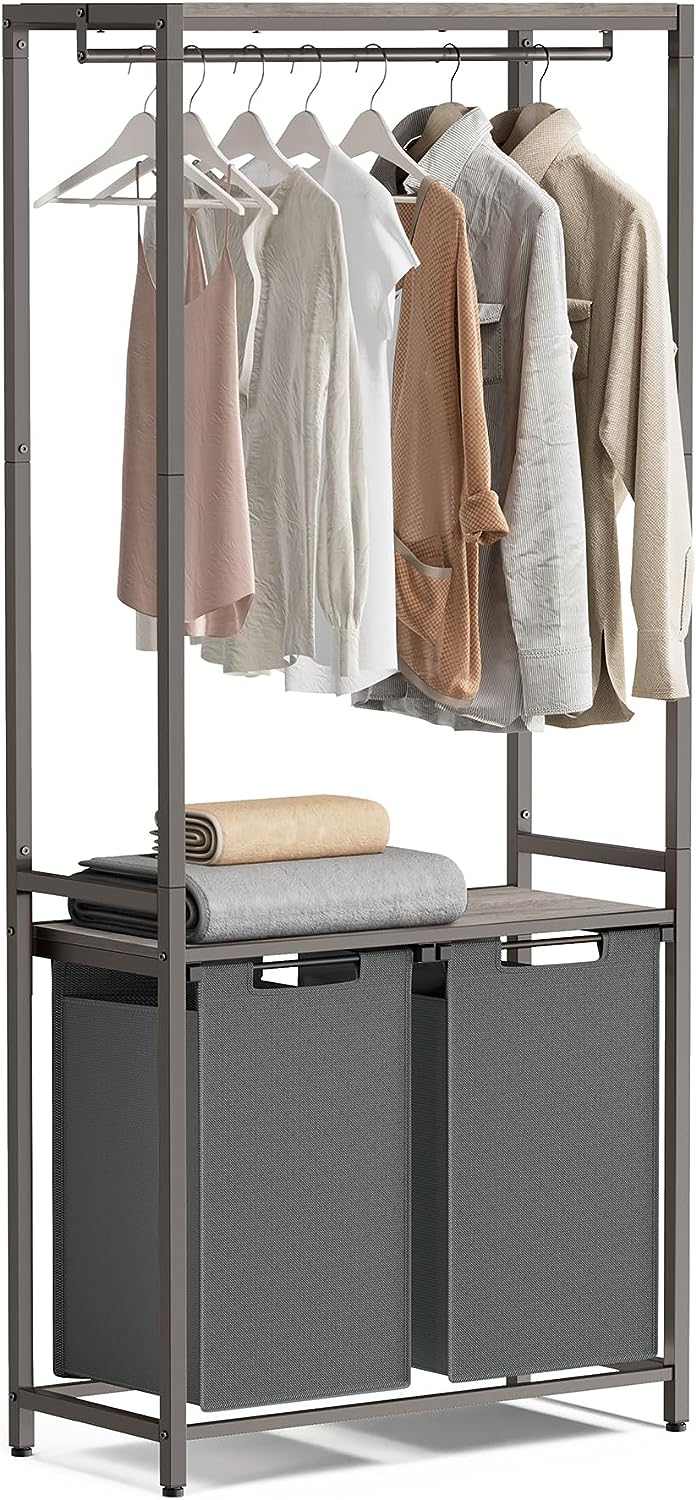 2-Section Laundry Basket with Removable and Removable Liners, Handrail for Clothes, 2 x 12.1 Gallon, 28.7 x 13 x 69.7 inches, Heather Gray and Slate Gray