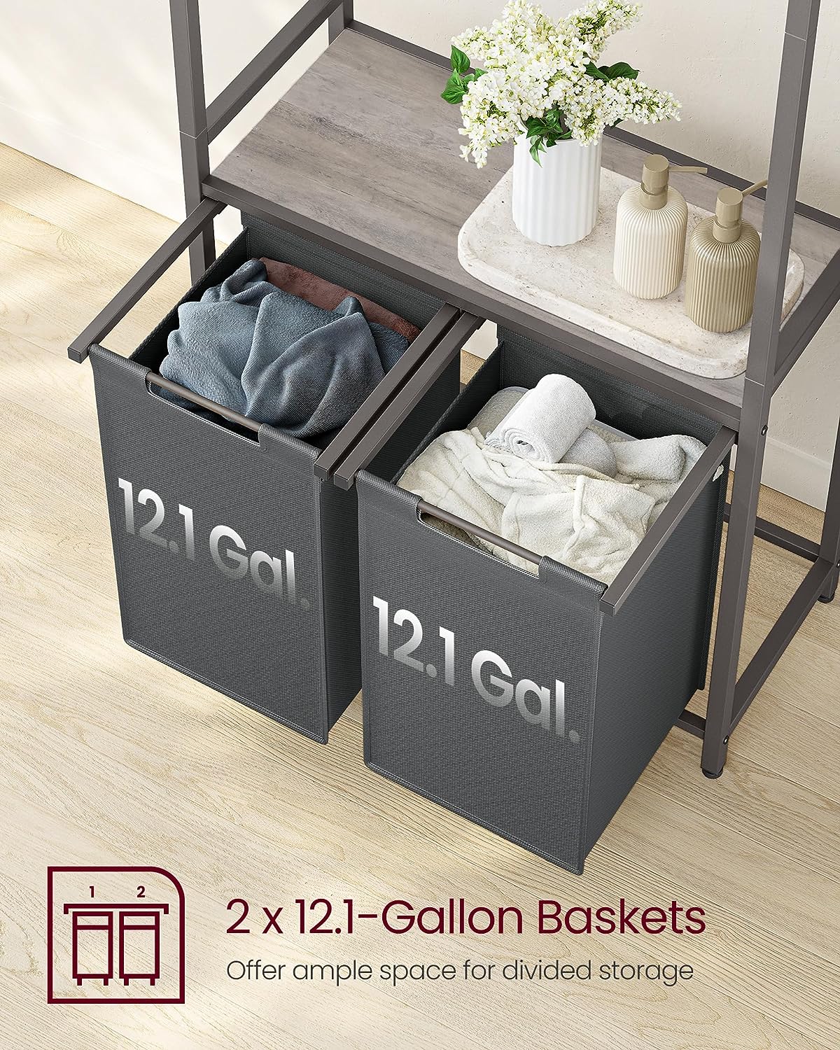 2-Section Laundry Basket with Removable and Removable Liners, Handrail for Clothes, 2 x 12.1 Gallon, 28.7 x 13 x 69.7 inches, Heather Gray and Slate Gray