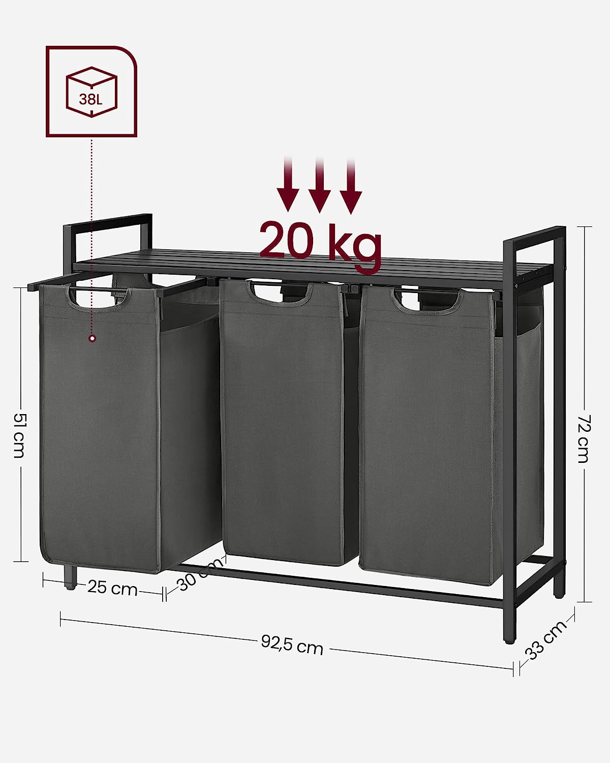 Laundry Basket, 3-Compartment Laundry Hamper, Pull-Out and Removable Laundry Bags, Laundry Sorter, Shelf, Metal Frame, 3 x 38L, 92.5 x 33 x 72 cm, Black and Grey