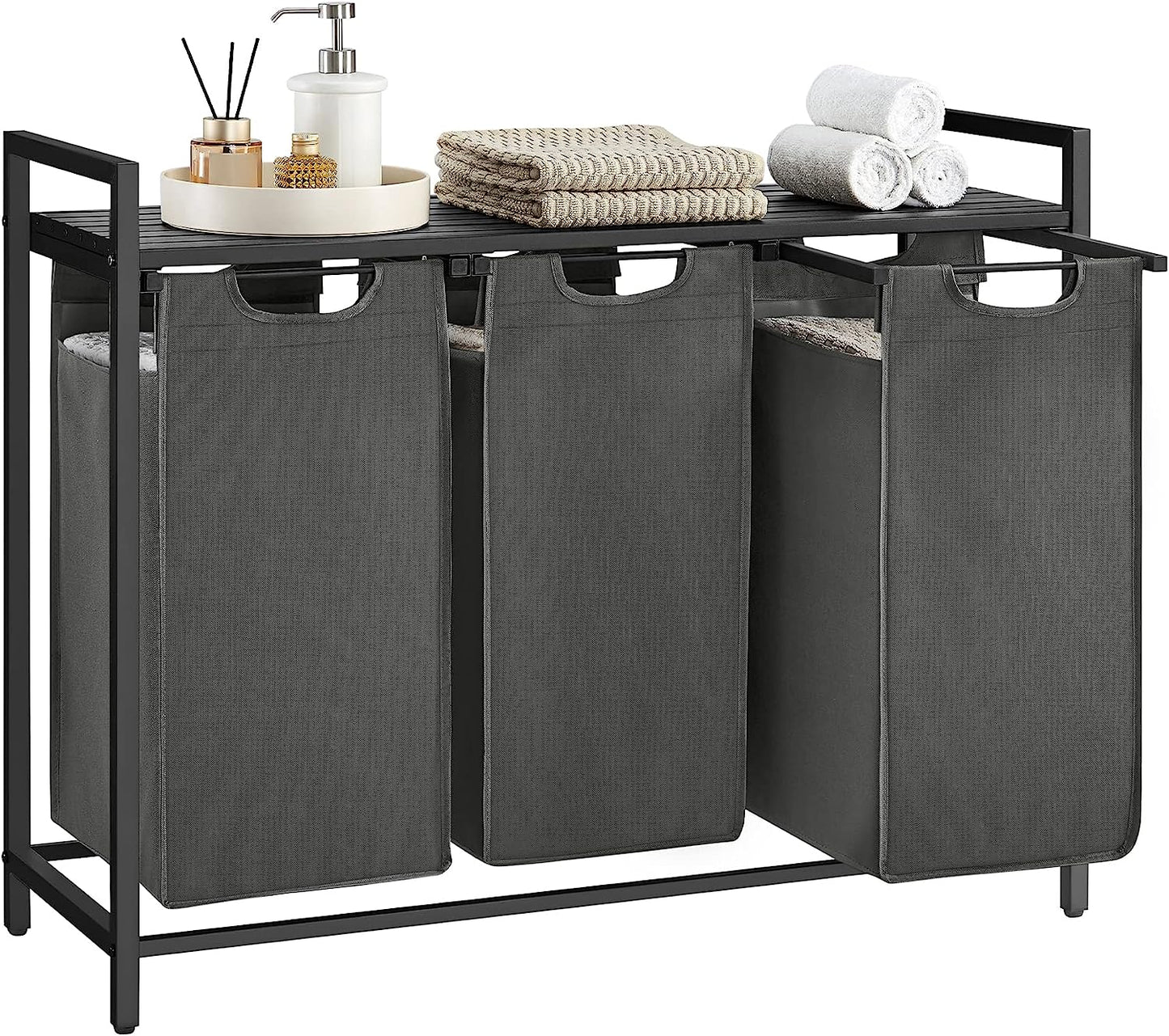 Laundry Basket, 3-Compartment Laundry Hamper, Pull-Out and Removable Laundry Bags, Laundry Sorter, Shelf, Metal Frame, 3 x 38L, 92.5 x 33 x 72 cm, Black and Grey