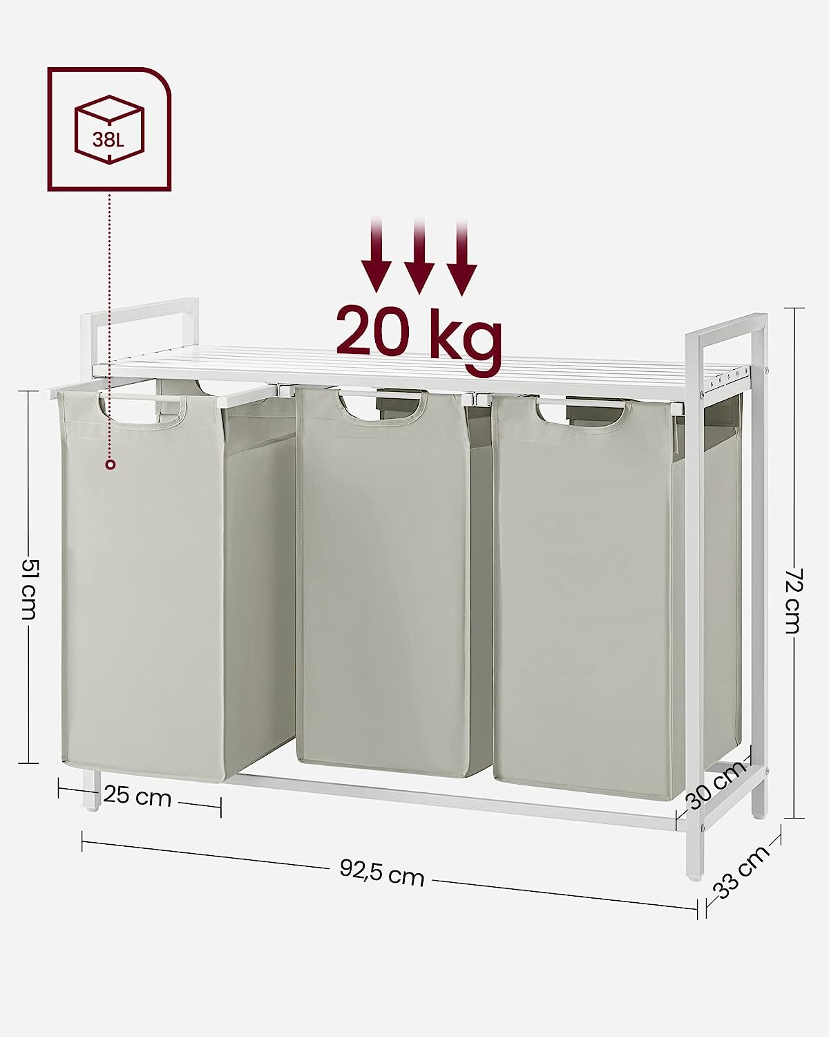 Laundry Basket, 3-Compartment Laundry Hamper, Pull-Out and Removable Laundry Bags, Laundry Sorter, Shelf, Metal Frame, 3 x 38L, 92.5 x 33 x 72 cm, White