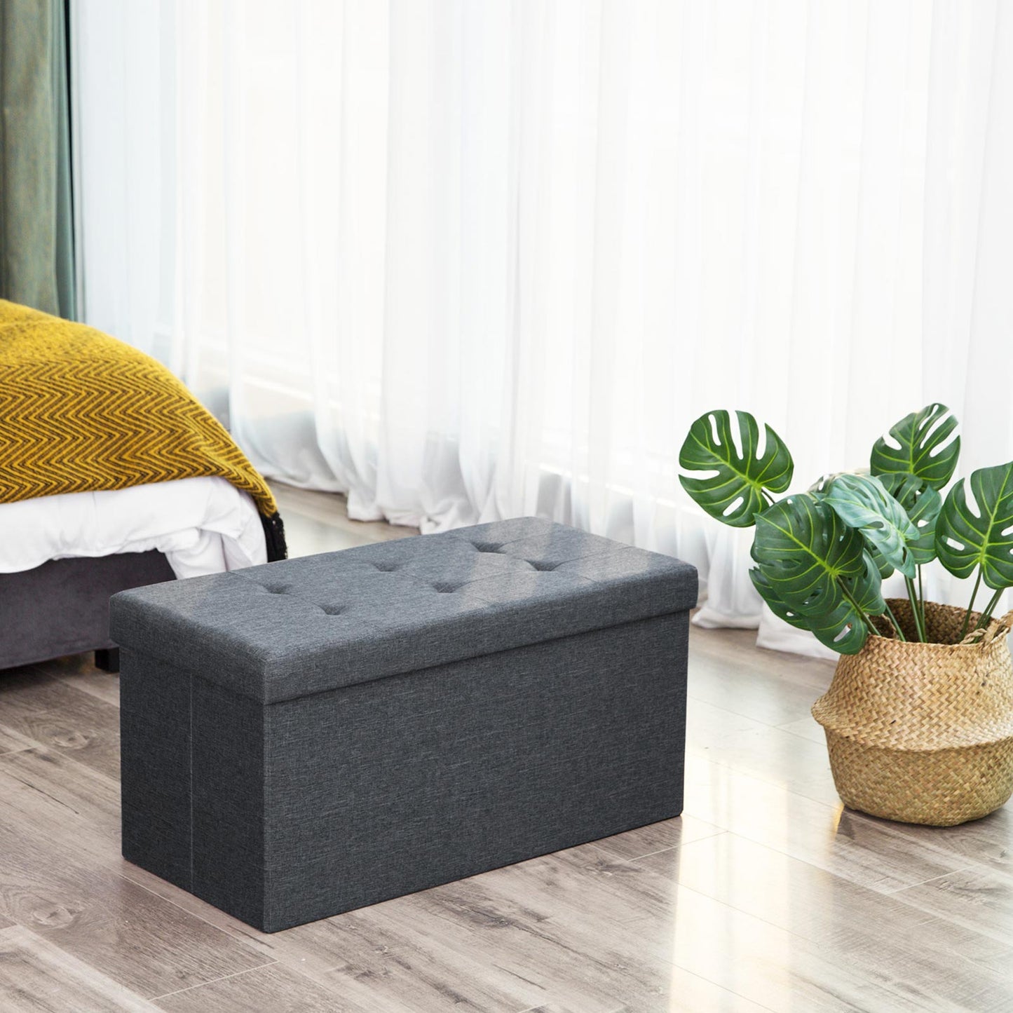 Linen Fabric Folding Storage Ottoman Bench Versatile Space-saving Dark grey 76 x 38 x 38 cm