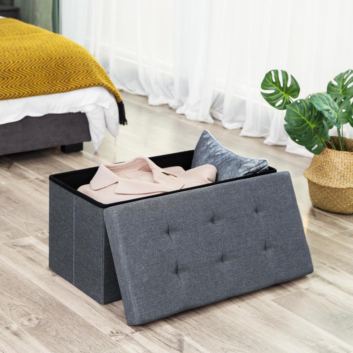 Linen Fabric Folding Storage Ottoman Bench Versatile Space-saving Dark grey 76 x 38 x 38 cm