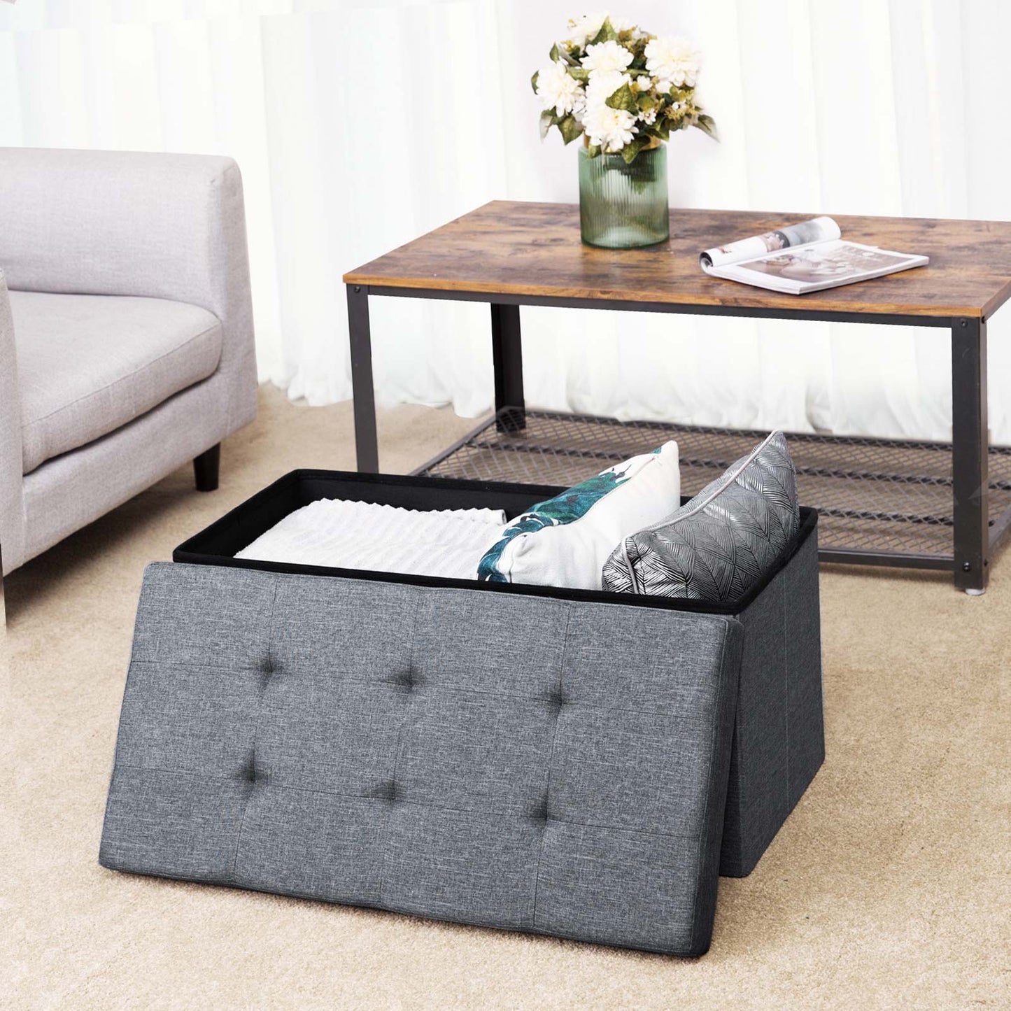 Linen Fabric Folding Storage Ottoman Bench Versatile Space-saving Dark grey 76 x 38 x 38 cm