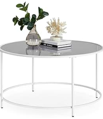 Round Coffee Table for Living Room, Glass Coffee Table with Metal Frame, Modern Coffee Table, Pearl White and Slate Grey