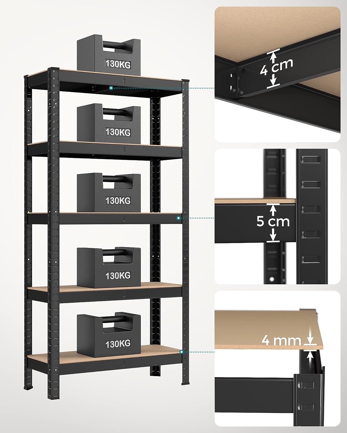 5 Tier Steel Shelving Unit Boltless Mounting Garage Shelving Unit 650kg Load Capacity 30x75x150cm Black