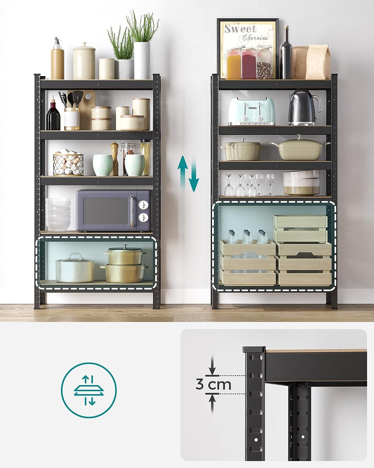 5 Tier Steel Shelving Unit Boltless Mounting Garage Shelving Unit 650kg Load Capacity 30x75x150cm Black