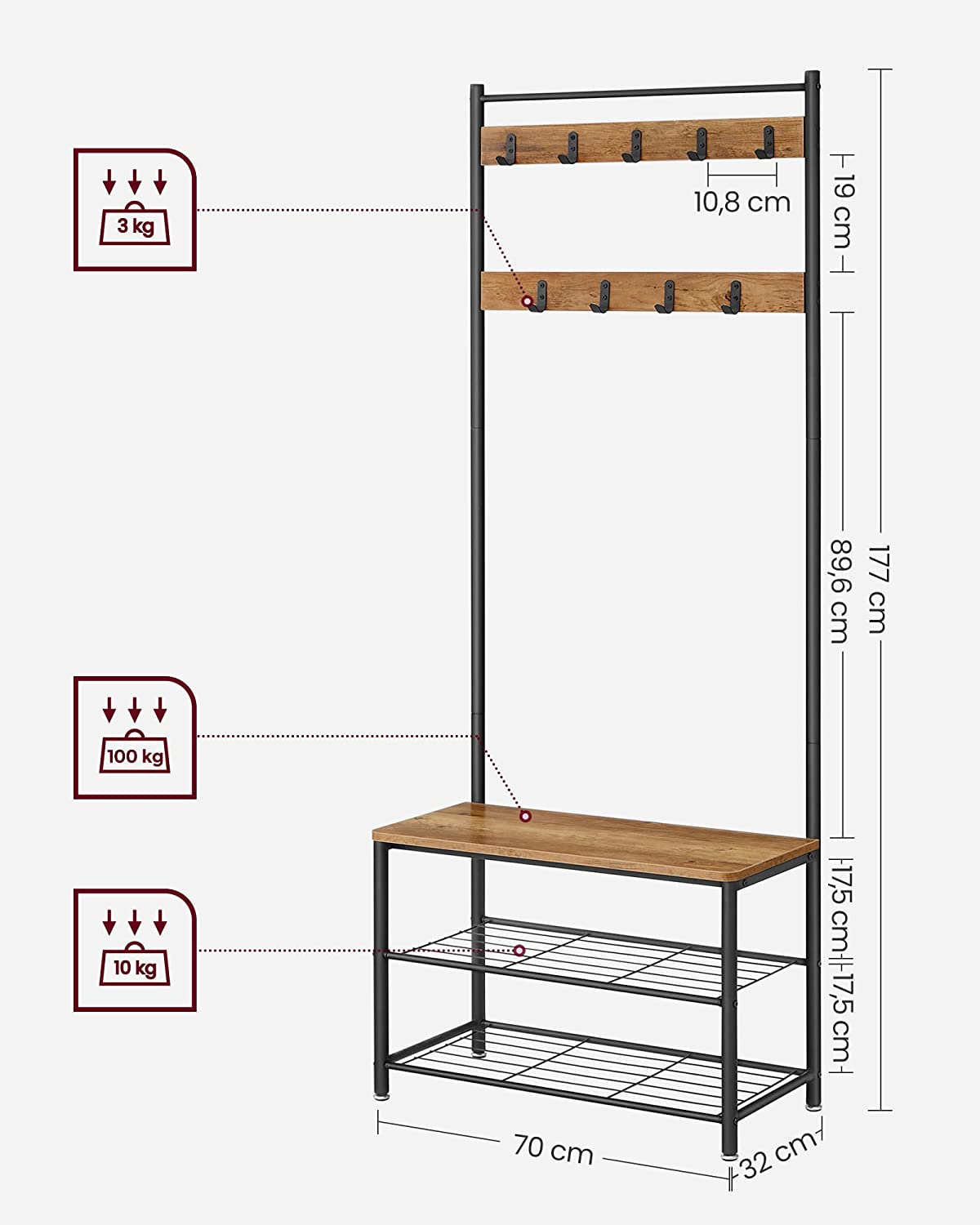 Coat Stand with Shoe Racks, Shoe Rack with Seat for Hallway, with Hooks, 3 Shelves, Metal, Height 177 cm, Industrial Design, Walnut Brown/Black