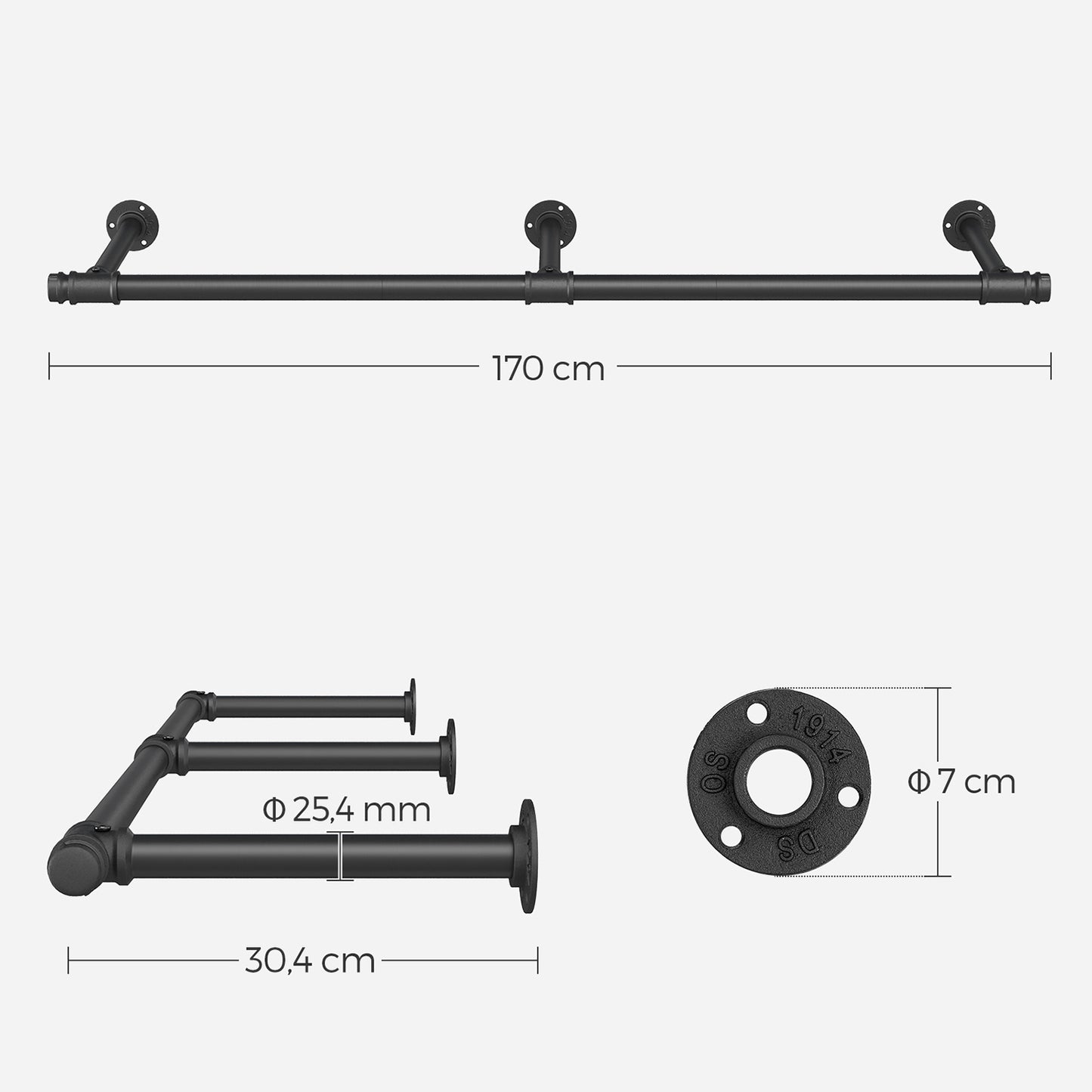 Wall Mounted Clothes Rail Industrial Space Saving 30.4 x 170 x 7 cm 68 kg Load Capacity Easy Assembly for Small Room Black