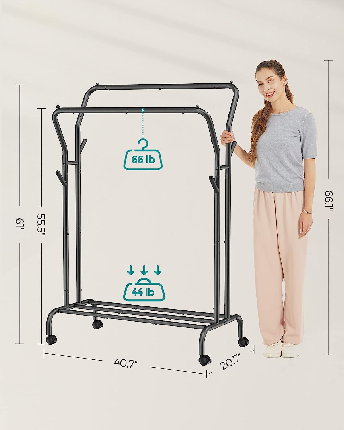 Clothes Rail, Clothes Rack, Double Clothes Hanging Rail, Heavy-Duty Metal Frame, with Wheels and Shelf, 100 kg Total Max. Load, 103.5 cm Wide, Clothing Storage, Black