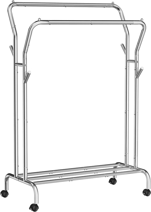 Clothes Rail, Clothes Rack, Double Clothes Hanging Rail, Heavy-Duty Metal Frame, with Wheels and Shelf, 100 kg Total Max. Load, 103.5 cm Wide, Clothing Storage, Silver