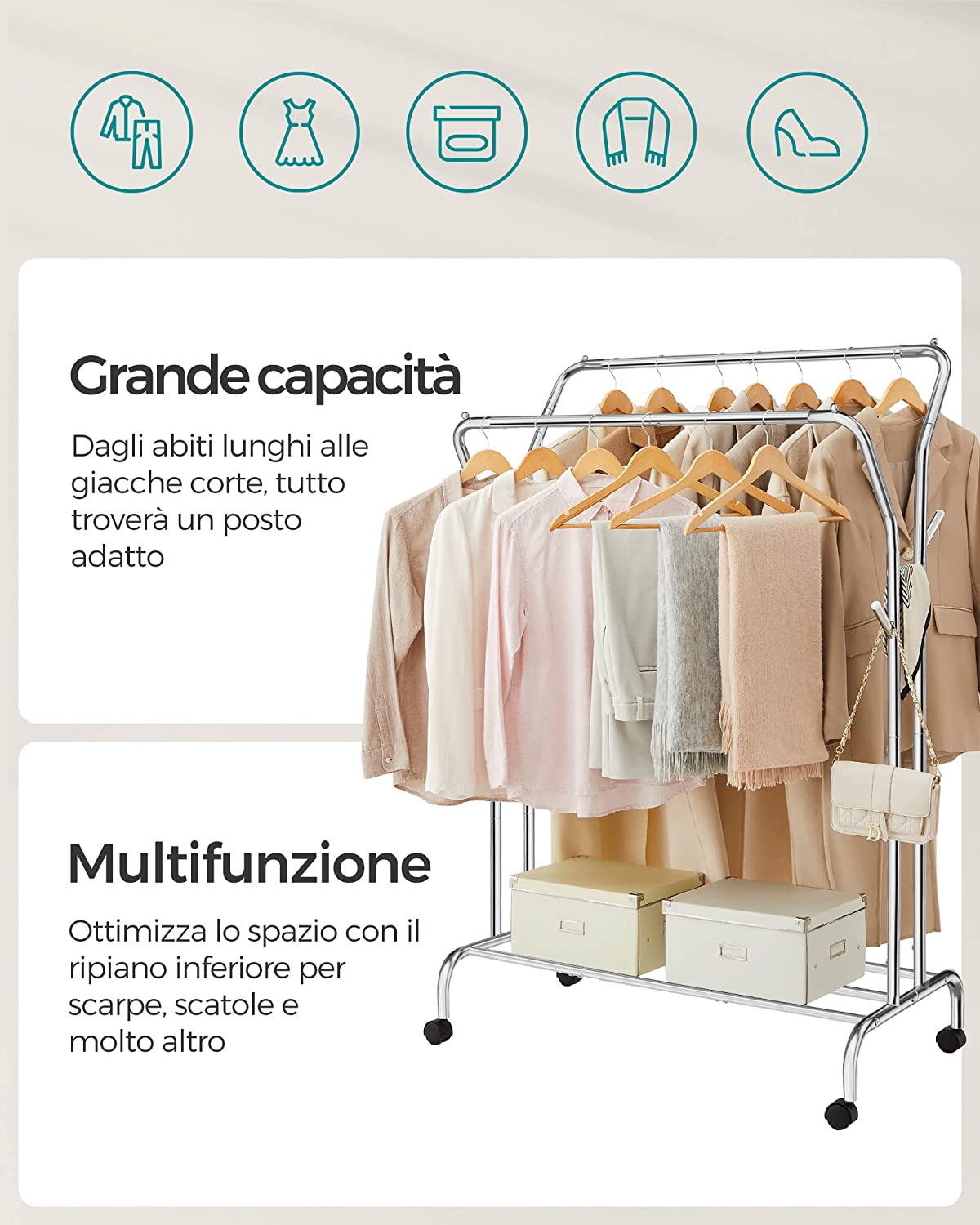 Clothes Rail, Clothes Rack, Double Clothes Hanging Rail, Heavy-Duty Metal Frame, with Wheels and Shelf, 100 kg Total Max. Load, 103.5 cm Wide, Clothing Storage, Silver