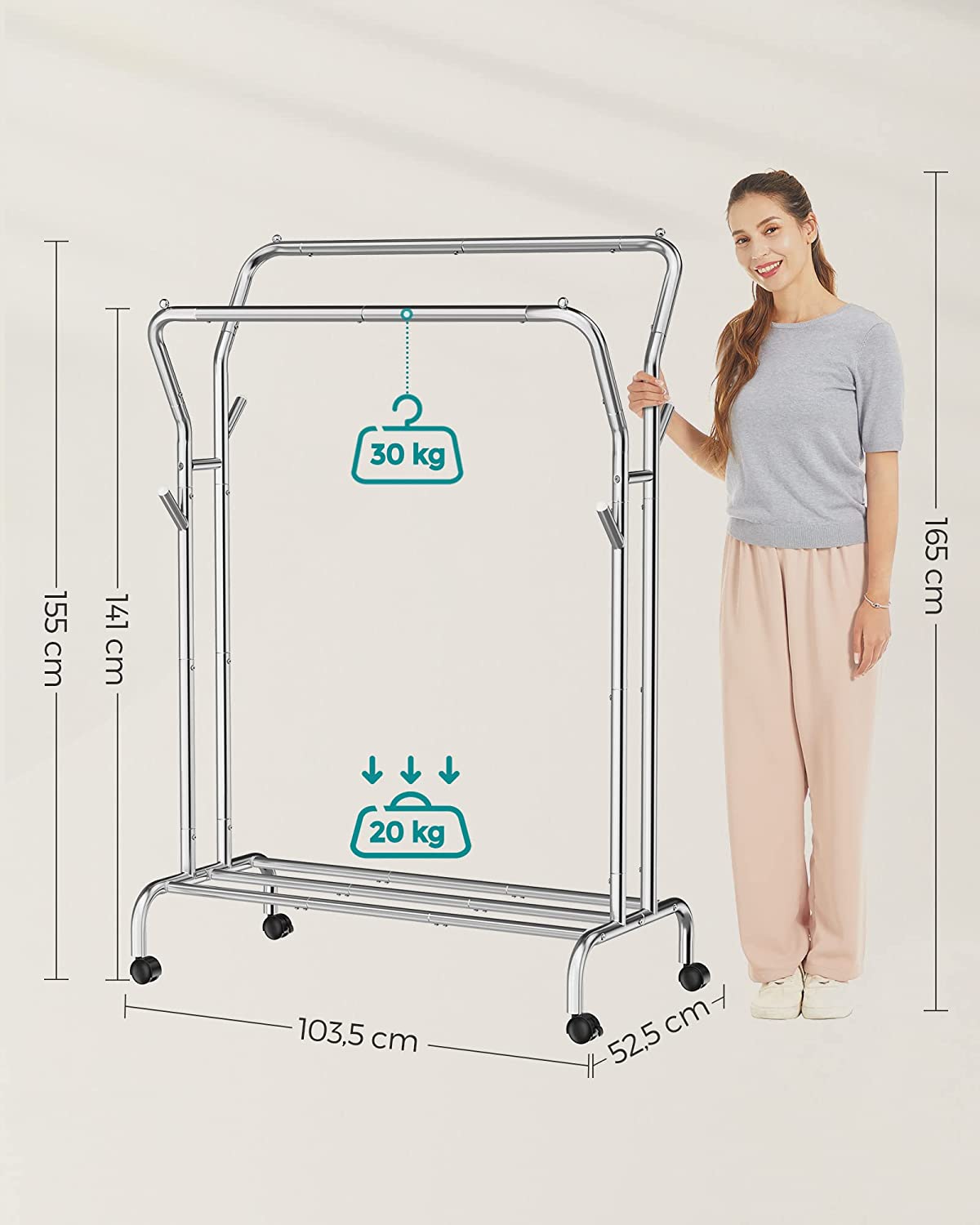 Clothes Rail, Clothes Rack, Double Clothes Hanging Rail, Heavy-Duty Metal Frame, with Wheels and Shelf, 100 kg Total Max. Load, 103.5 cm Wide, Clothing Storage, Silver