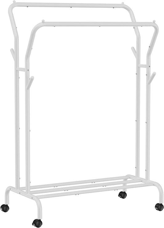 Clothes Rail, Clothes Rack, Double Clothes Hanging Rail, Heavy-Duty Metal Frame, with Wheels and Shelf, 100 kg Total Max. Load, 103.5 cm Wide, Clothing Storage, White