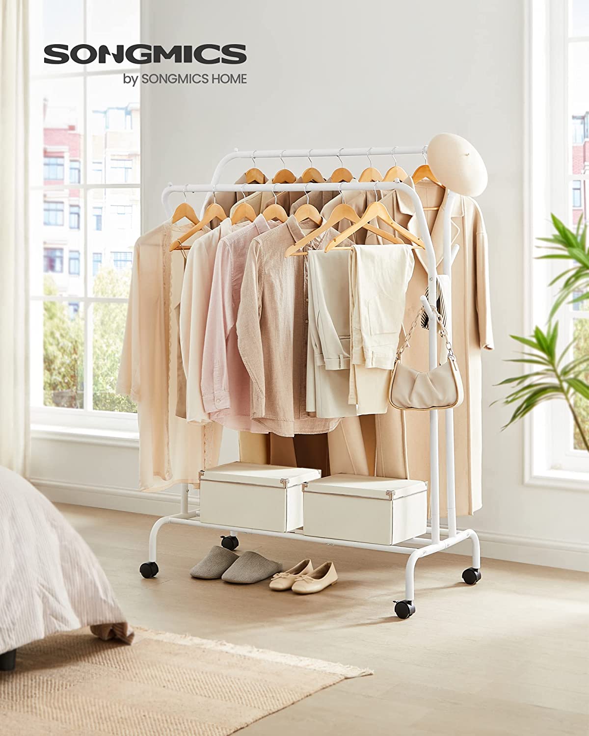 Clothes Rail, Clothes Rack, Double Clothes Hanging Rail, Heavy-Duty Metal Frame, with Wheels and Shelf, 100 kg Total Max. Load, 103.5 cm Wide, Clothing Storage, White