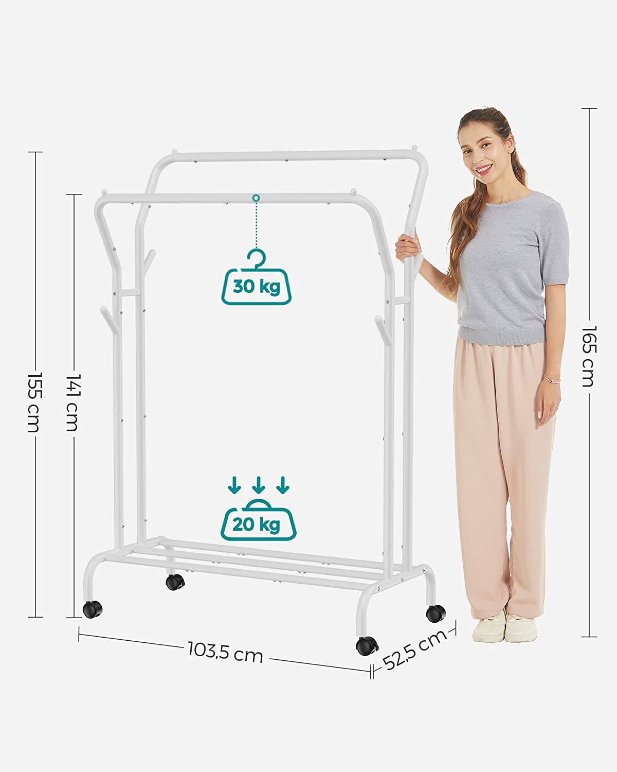 Clothes Rail, Clothes Rack, Double Clothes Hanging Rail, Heavy-Duty Metal Frame, with Wheels and Shelf, 100 kg Total Max. Load, 103.5 cm Wide, Clothing Storage, White