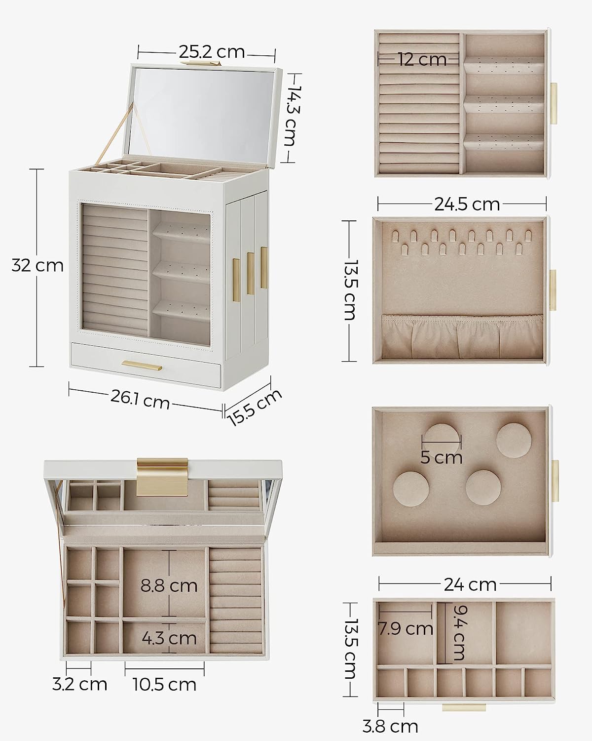 Jewellery Box with Glass Window, 5-Layer Jewellery Organiser with 3 Side Drawers, Jewellery Storage, with Vertical Storage Space, Big Mirror, Modern Style, Cloud White and Gold