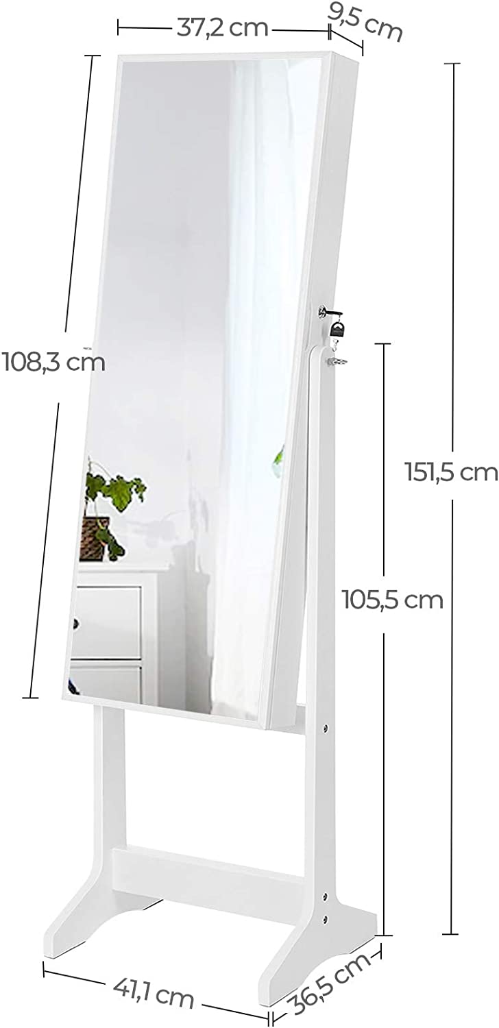 Jewellery Cabinet, Mirror Armoire, Standing Mirror, Full-Length Mirror, Lockable Jewellery Organiser, Gift Idea, White