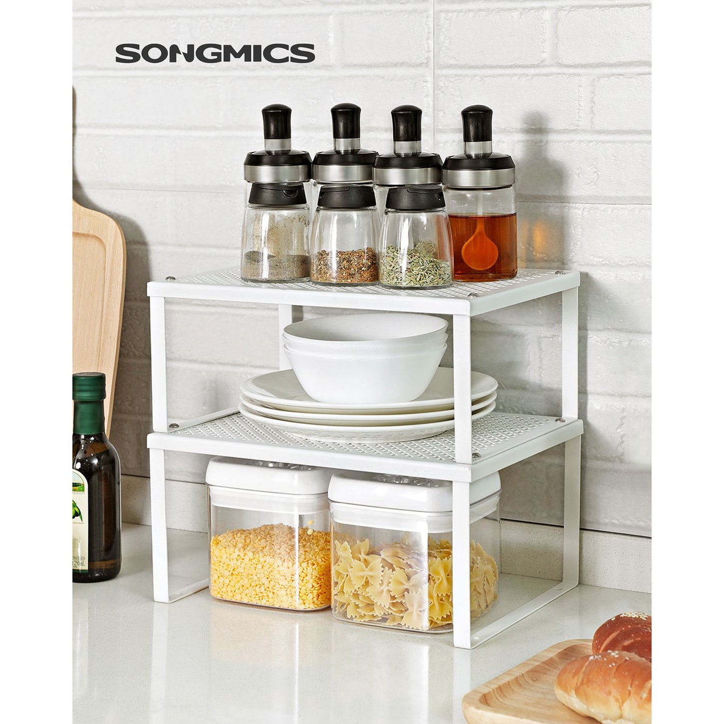 Cabinet Shelf Organizer and Kitchen Shelf Bundle, 4 Stackable Kitchen Cabinet Shelves, Expandable, White and Silver U