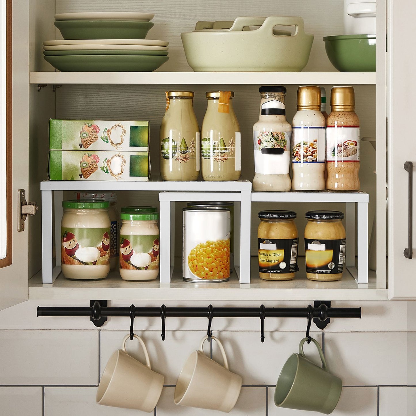 Cabinet Shelf Organizer and Kitchen Shelf Bundle, 4 Stackable Kitchen Cabinet Shelves, Expandable, White and Silver U