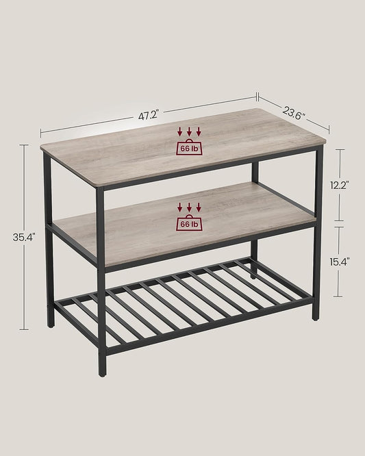 Kitchen Island with 3 Shelves, 47.2 Inches Kitchen Shelf with Large Worktop, Stable Steel Structure, Industrial, Easy to Assemble, Greige and Black U