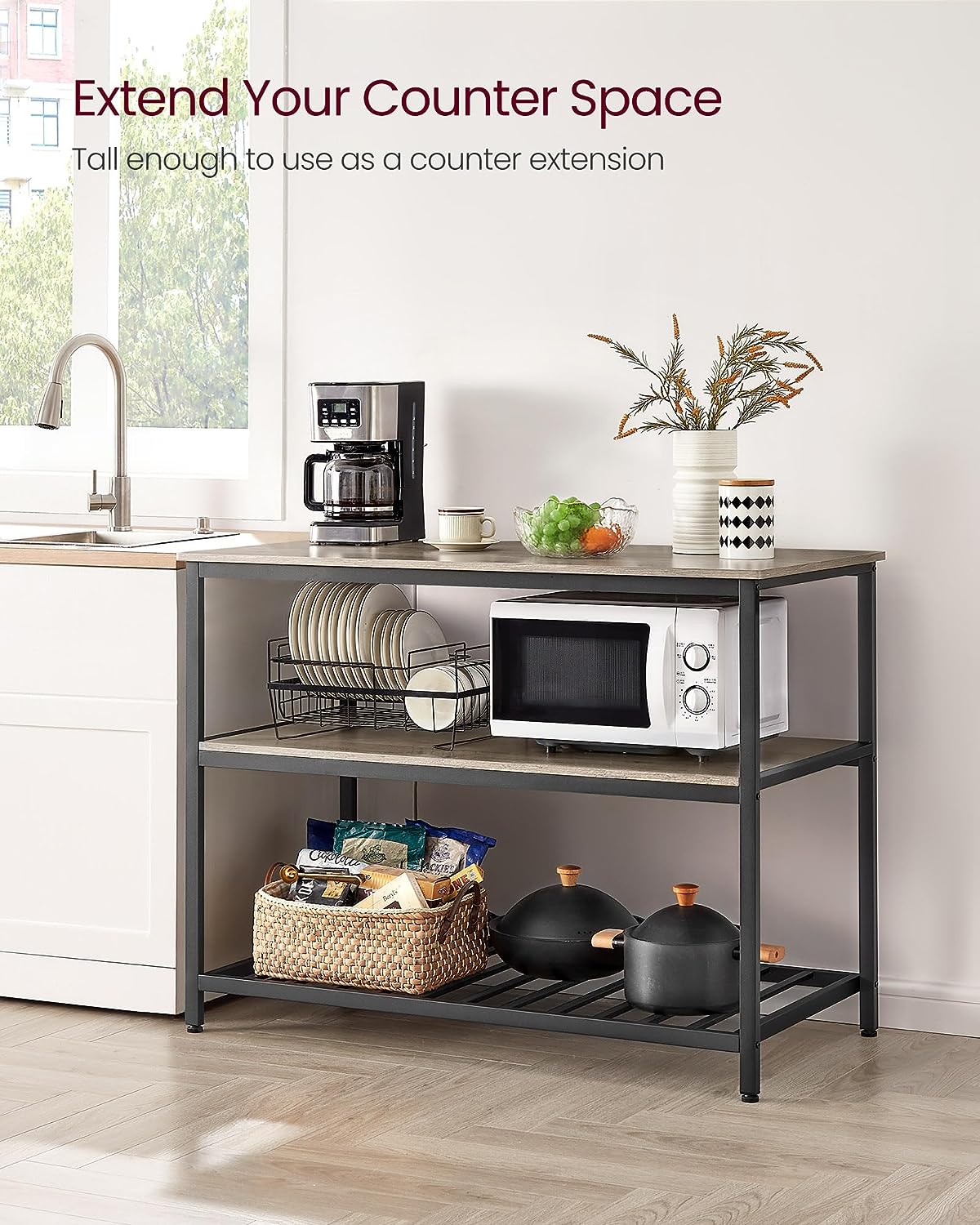 Kitchen Island with 3 Shelves, 47.2 Inches Kitchen Shelf with Large Worktop, Stable Steel Structure, Industrial, Easy to Assemble, Greige and Black U