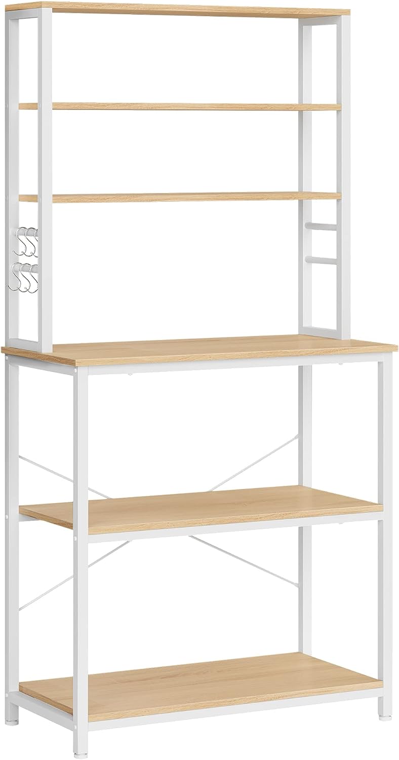 Kitchen Shelf Stand Rack Microwave Shelf Stand 6 Tier 6 Shelves and 6 Hooks Microwave Steel Frame Industrial Design 40 x 80 x 167 cm Oak White