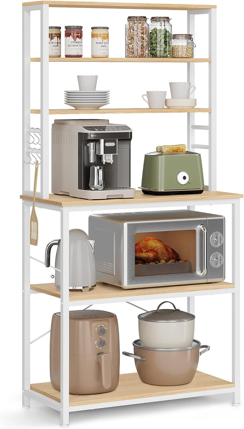 Kitchen Shelf Stand Rack Microwave Shelf Stand 6 Tier 6 Shelves and 6 Hooks Microwave Steel Frame Industrial Design 40 x 80 x 167 cm Oak White