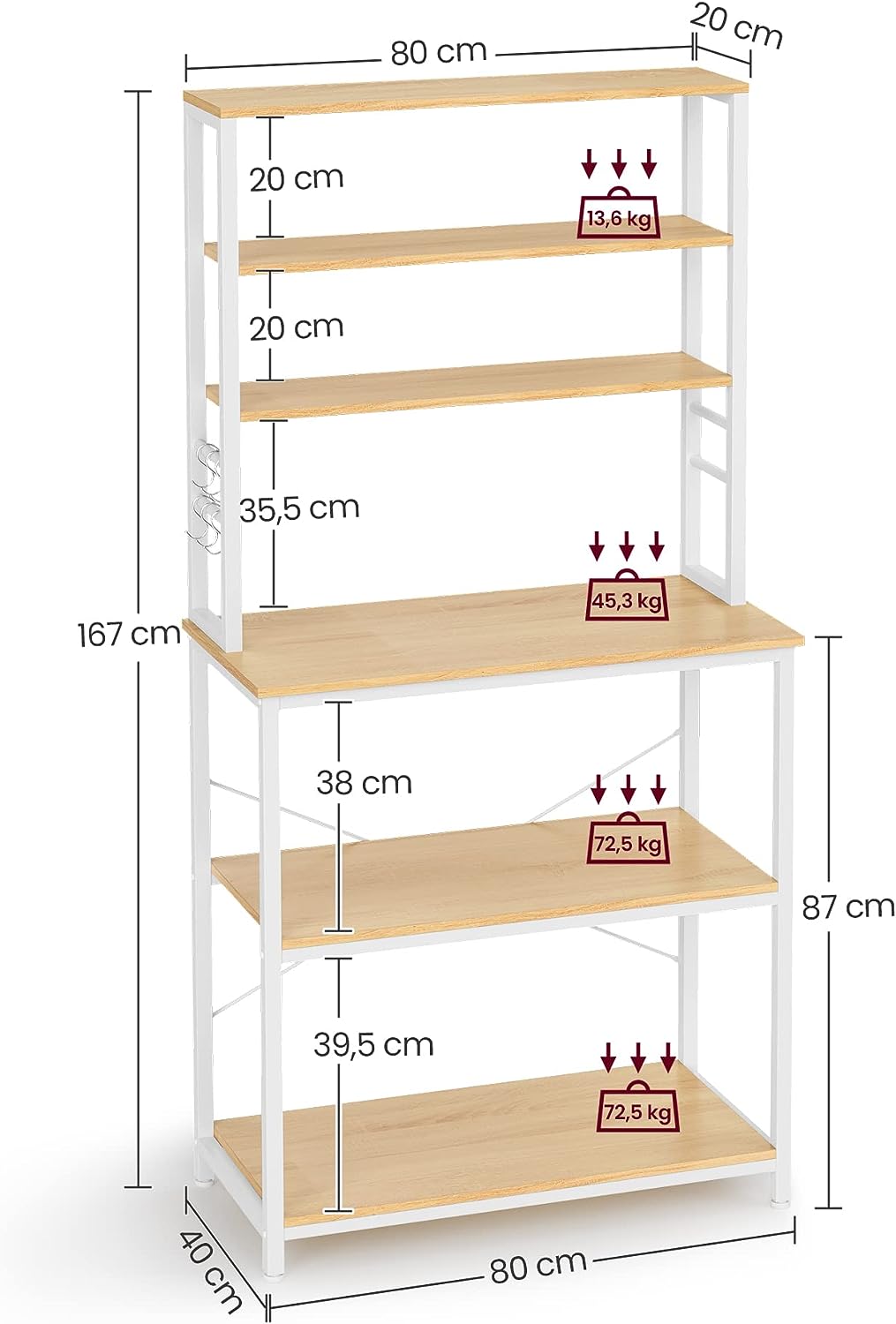 Kitchen Shelf Stand Rack Microwave Shelf Stand 6 Tier 6 Shelves and 6 Hooks Microwave Steel Frame Industrial Design 40 x 80 x 167 cm Oak White