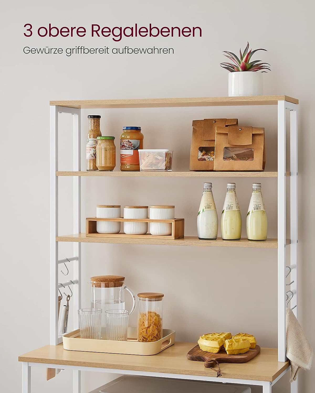 Kitchen Shelf Stand Rack Microwave Shelf Stand 6 Tier 6 Shelves and 6 Hooks Microwave Steel Frame Industrial Design 40 x 80 x 167 cm Oak White