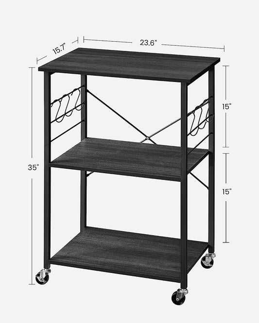 Kitchen Shelf on Wheels, Serving Trolley with 3 Shelves, Kitchen Trolley, Microwave Shelf, for Mini Oven, Toaster, with 6 Hooks, Industrial Style, Ebonized Oak Finish and Black