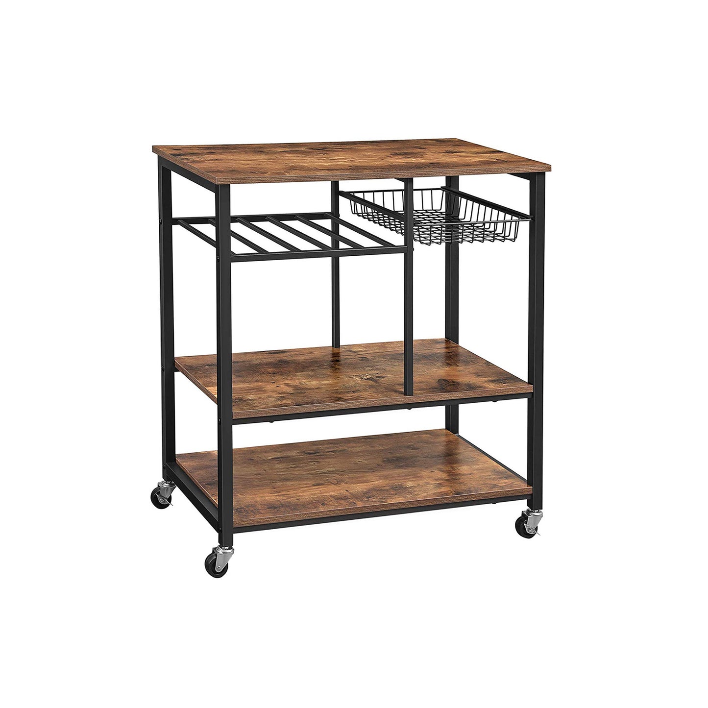 Baker’s Rack with Wheels, Kitchen Island, Food Trolley with Metal Mesh Basket, Bottle Holder and Storage Shelves, 80 x 40 x 86.5 cm, Industrial Style, Rustic Brown