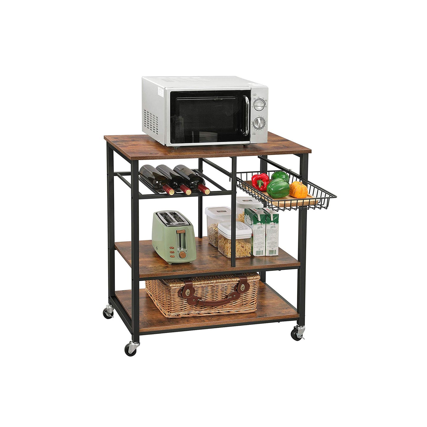 Baker’s Rack with Wheels, Kitchen Island, Food Trolley with Metal Mesh Basket, Bottle Holder and Storage Shelves, 80 x 40 x 86.5 cm, Industrial Style, Rustic Brown